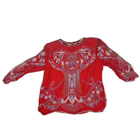 Ramana Red Beaded Sequin Silk Blend Tunic Top Size 18 Embroidered Floral Vintage - Picture 14 of 14